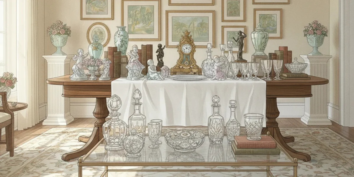 Carefully arranged antiques and decorative pieces prepared for an estate auction