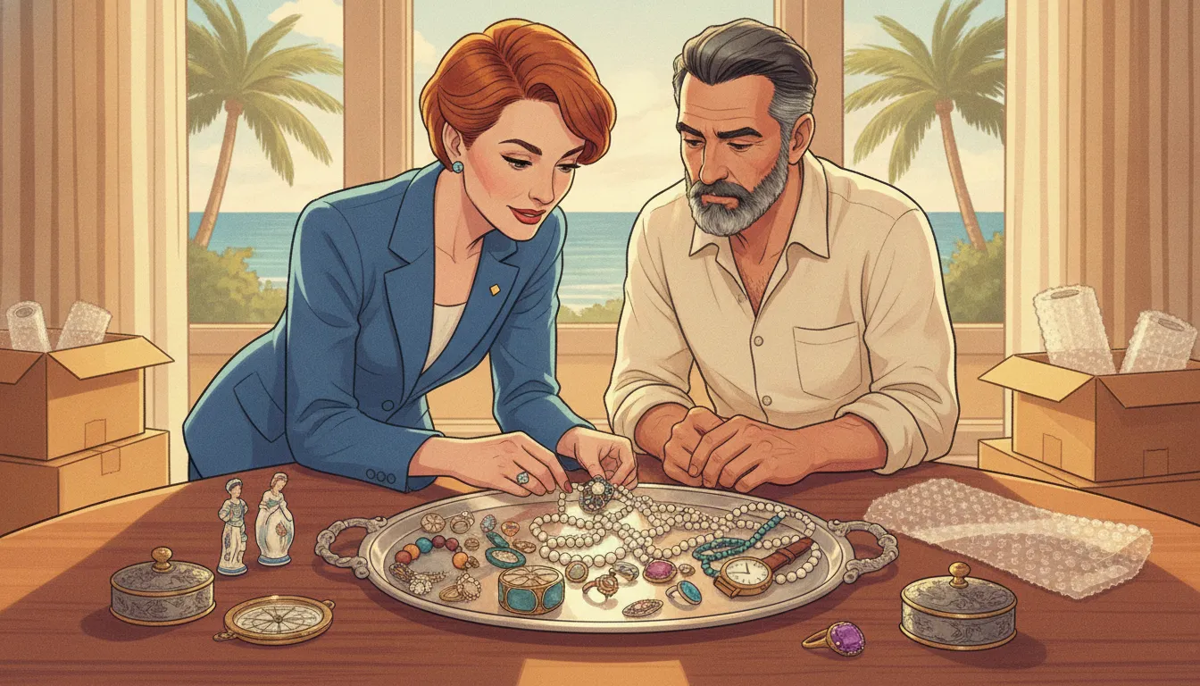 Auction specialist reviewing estate jewelry and antiques with a seller in a Florida home