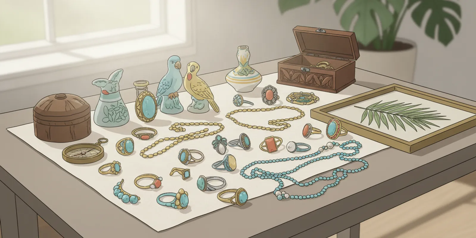 Estate jewelry and decorative antiques arranged for careful review