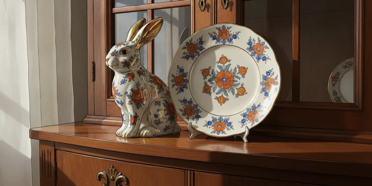 Vintage Herend porcelain figurine displayed beside a marked plate
