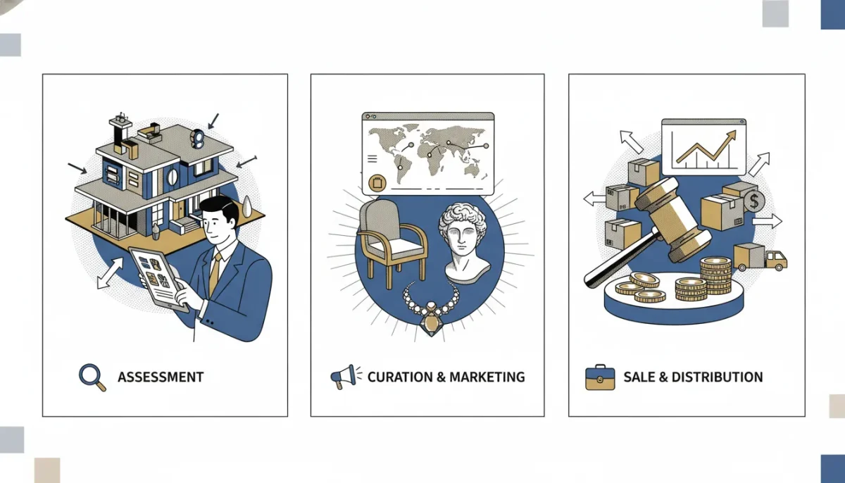 Luxury estate liquidation process from assessment and curation to sale and distribution.
