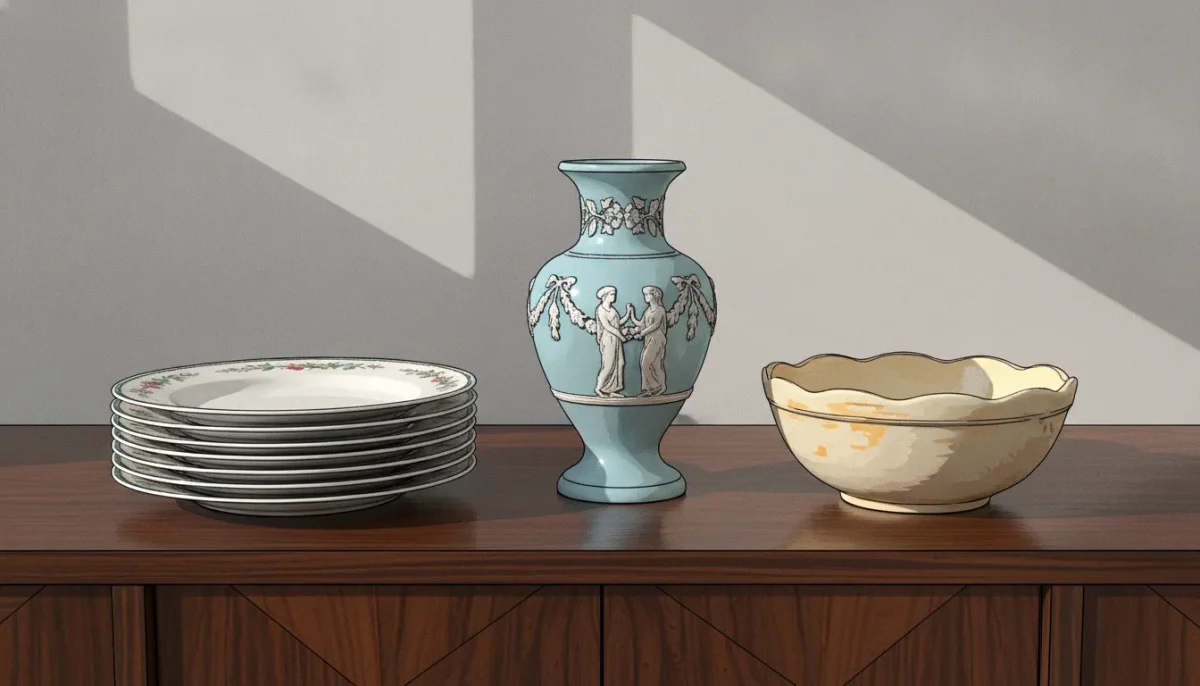 Pale blue jasperware vase, floral bone china plates, and a cream bowl on a wood sideboard