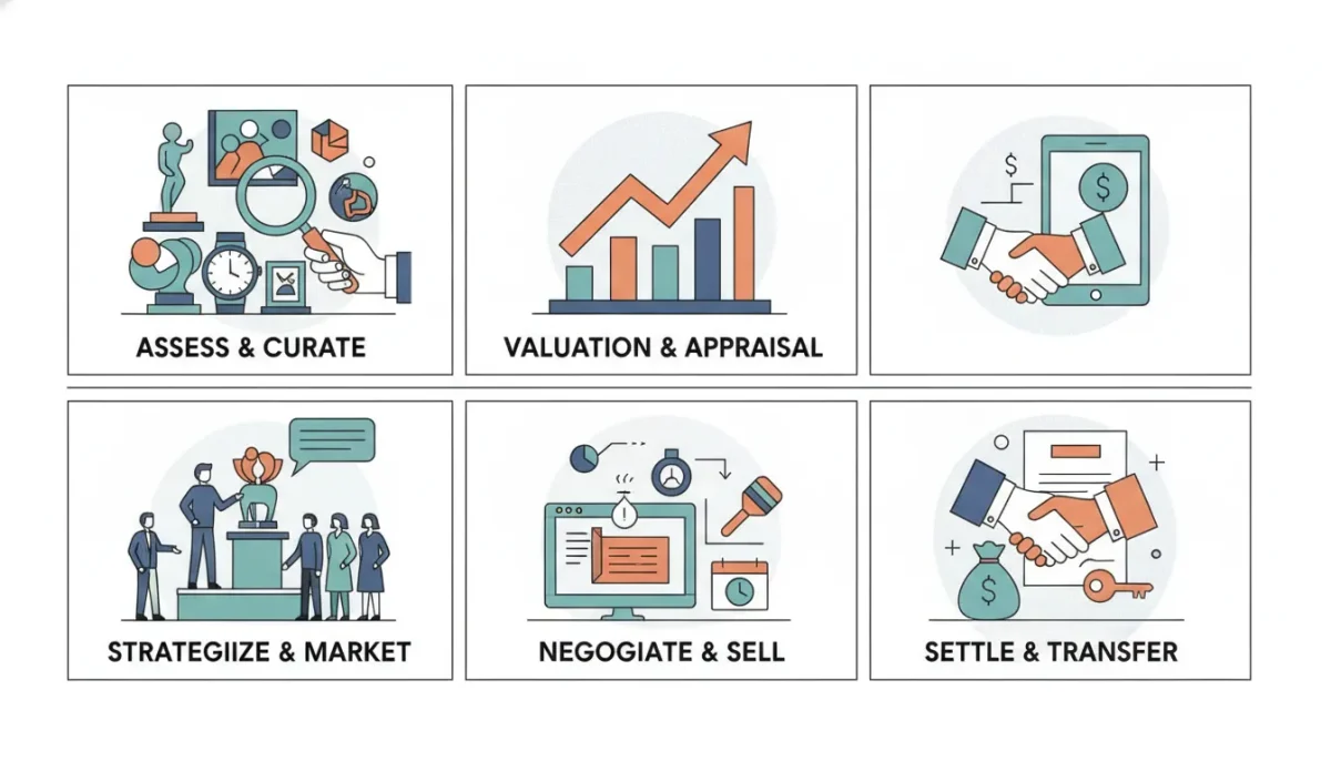 Private collection liquidation: five-step process from appraisal to sale and transfer.