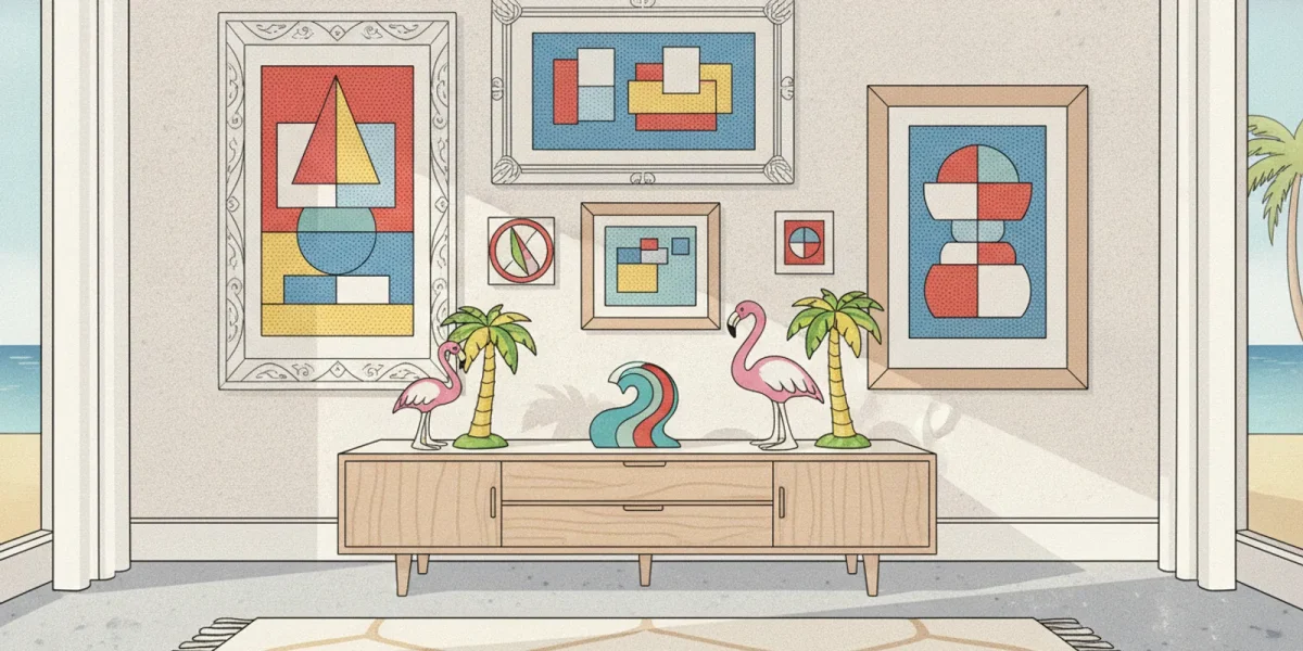 Fine art and decorative collectibles arranged for review in a bright Florida home