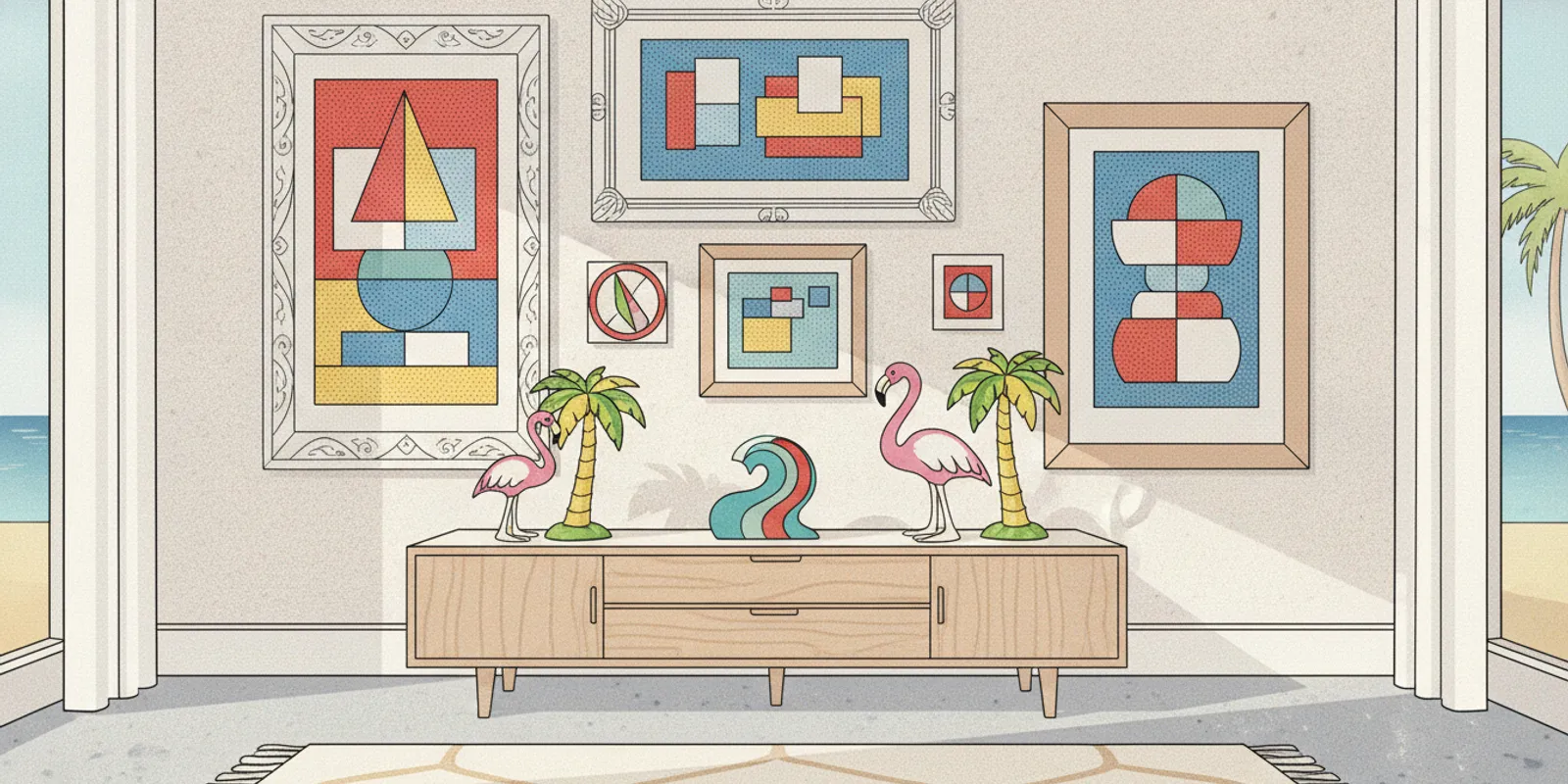 Fine art and decorative collectibles arranged for review in a bright Florida home