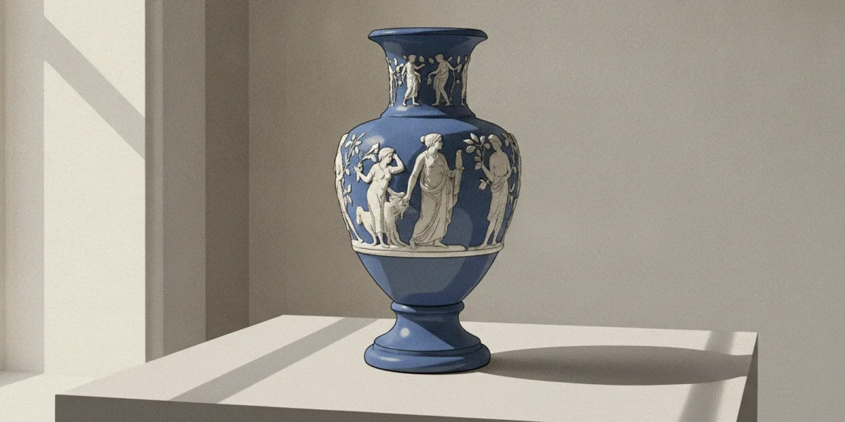 Blue Wedgwood Jasperware vase with white classical relief decoration displayed on a neutral shelf